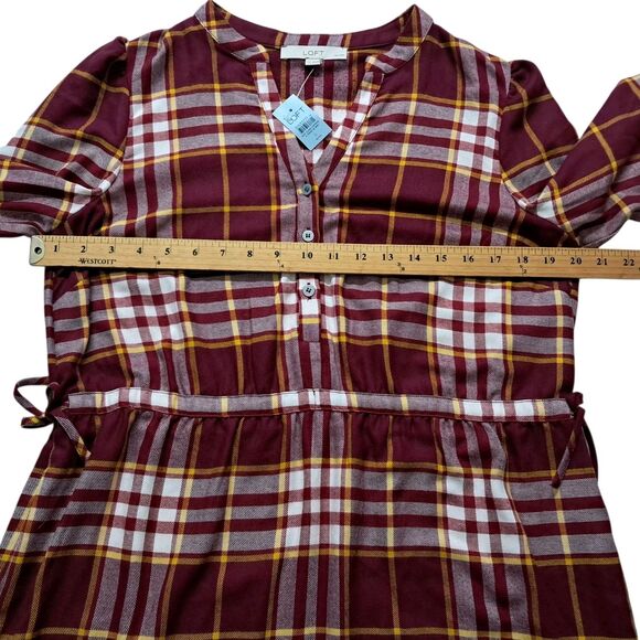 NWT Loft Dress Women's Large Petite Red‎ Mini Plaid Side Tie Flare Tiered Fall - Picture 12 of 13